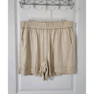 Women's Linen Blend Casual Shorts Elastic Waist Pockets Beige Gold Size XL
